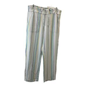 For Cynthia Striped White Teal Pull On Pants Linen Blend Womens Size PM Petite M